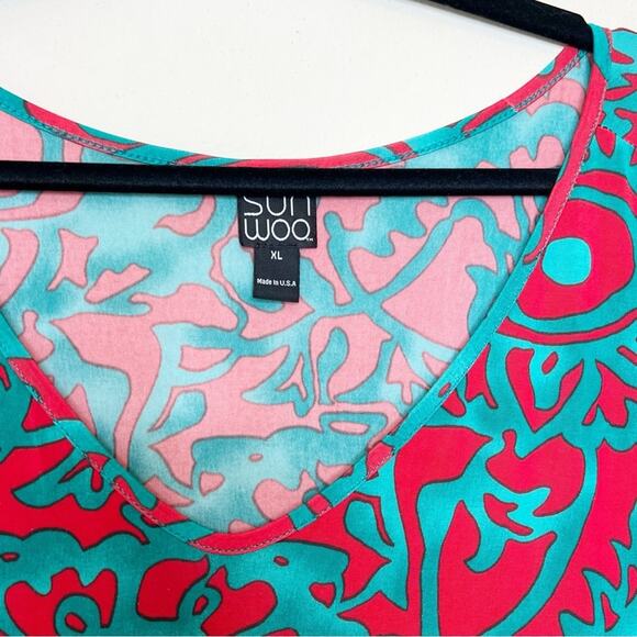 Clara Sunwoo Patterned Tunic Top Turquoise Red Size XL - Picture 3 of 8